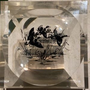Acrylic Lucite Fisheye Flying Ducks Stainless Steel Bookends Mid Century Modern